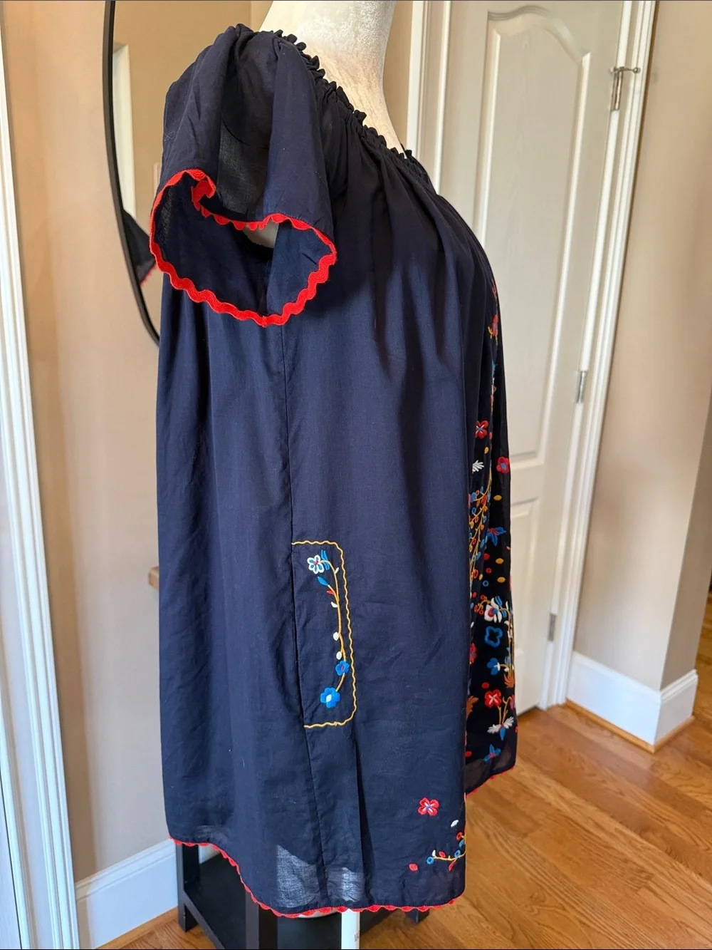 Tory Burch Embroidered On or Off Shoulder Peasant Tunic Dress Navy Size Small